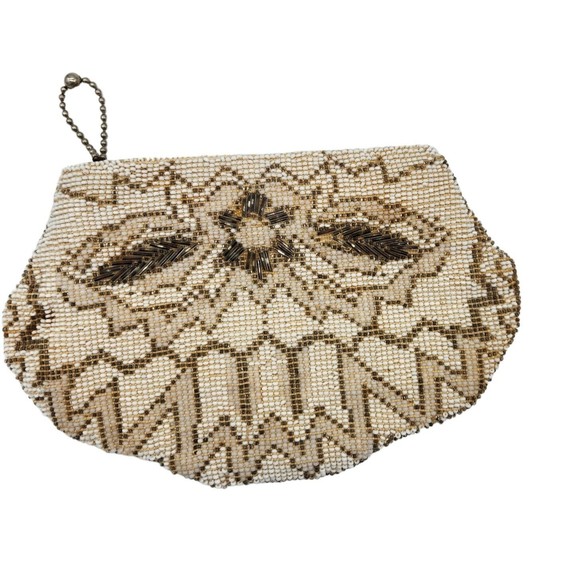 Antique  Vintage White Tan Beaded Evening Bag Clutch Purse Small  Sash Loop - Picture 5 of 5